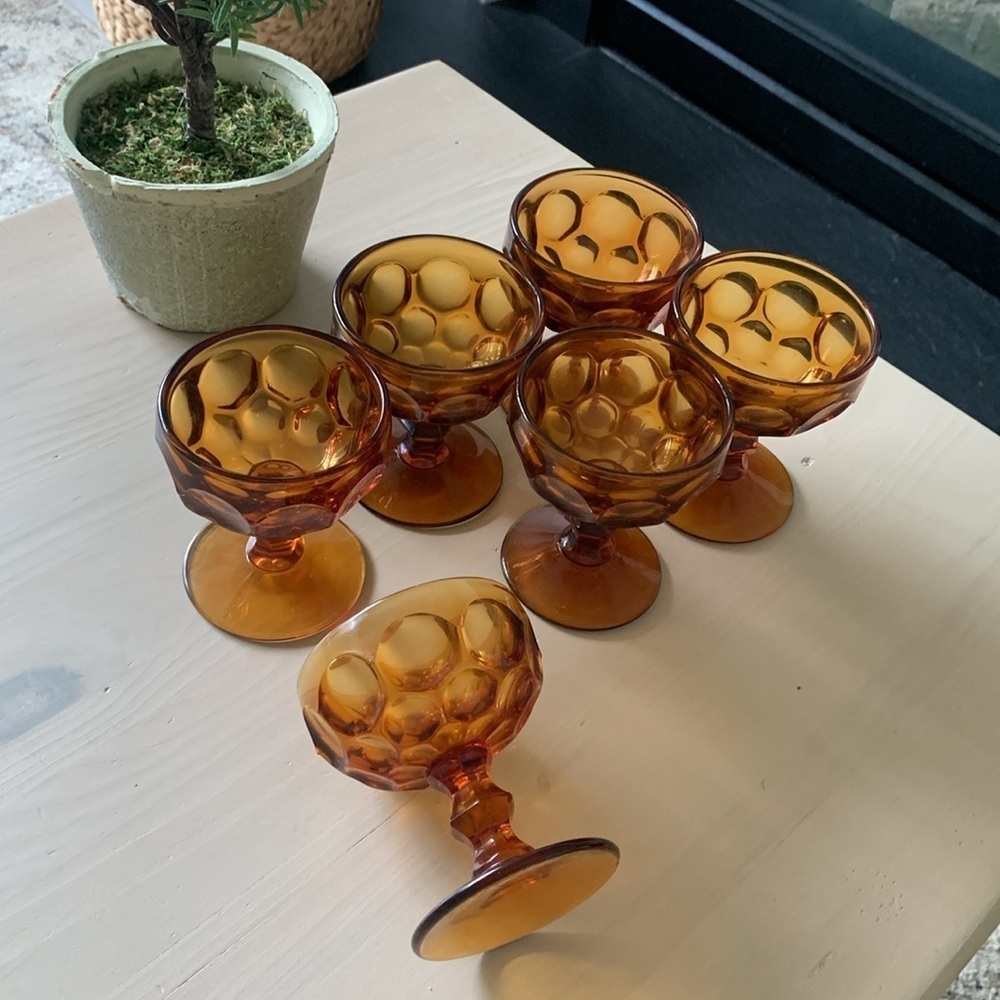 Amber Thumbprint Pedestal Glass set of 6 vintage traditional‎ contemporary